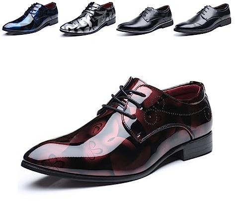 Anzugschuhe Herren Oxford Derby Schuhe Brogues Lederschuhe Hochzeitsschuhe Schnürhalbschuhe Klassischer Business Schnürschuh 1012 Rot Größe 47
