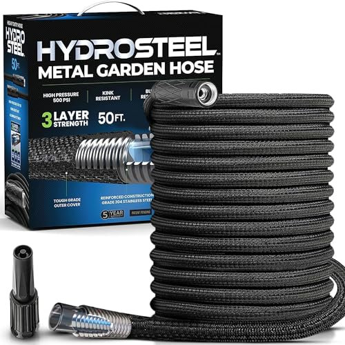 HYDROSTEEL 3X Layer Metal Garden Hose 50 Ft with Nozzle, Stainless Steel Metal Water Hose 50 Ft, Heavy Duty, Flexible, Lightweight, Crush and Kink Resistant, 500 PSI AS SEEN ON TV