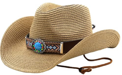 Cowboy Strohhut Männer Frauen Stroh Cowgirl Sonnenhut Vintage Nationalität Style Cowboy Hut Rollen Sie Sommer Strandhut für Männer Frauen Sommer - Khaki