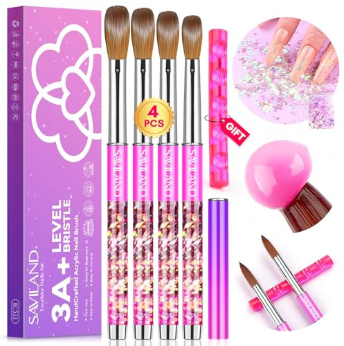 Saviland Kit de Pinceau Nail Art Ongles: #8/10/14/16 Pinceau Acrylique Ongle en kolinsky, pour Extension Ongles, Sculpture 3D, Application d'Acrylique, Pinceau à Ongles Professionnel