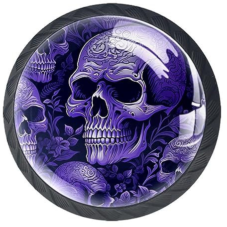 4 Stück Schrankknäufe Lila Totenkopf Blatt Kommode Knöpfe für Schränke und Schubladen Einloch Glas Rund Ziehgriff für Küchenschrank Kleiderschrank Möbel Hardware Dekor