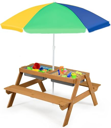 RELAX4LIFE 3 in 1 Set Tavolo e Sedie da Giardino per Bambini, Tavolo da Picnic con Ombrellone e 2 Vaschette, Tavolino e Panche da Esterno per Giardino Terrazzo e Balcone (Modello 7)