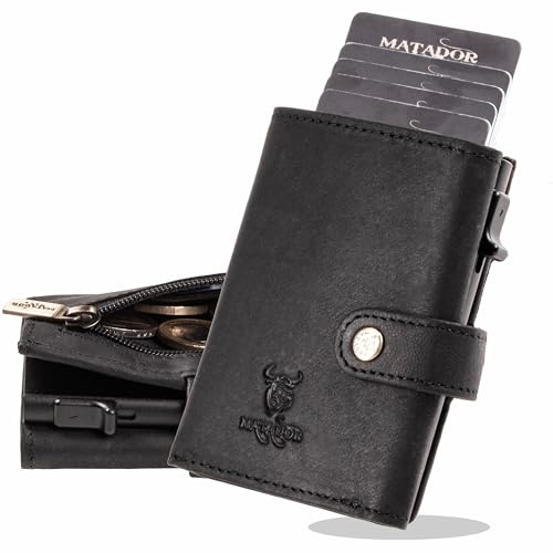 MATADOR #Tokio Portefeuille en cuir élégant pour homme avec boîte cadeau, porte-cartes avec bloqueur RFID, de nombreux compartiments, noir mat, m