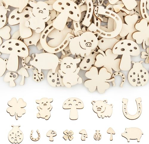 BETESSIN 100pcs Mini Holz Anhänger Streudeko Viel Glück Prüfung Abitur Bachelor Deko Glücksbringer Tischdeko Holzscheibe Kleeblatt Glücksschweine Streuteile Glückspilz Marienkäfer Konfetti zum Basteln