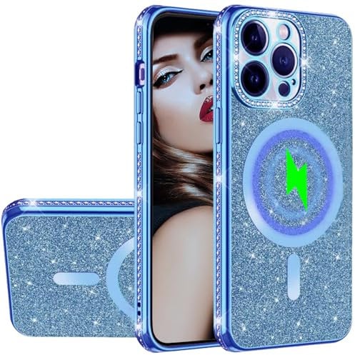 Ysnzaq Glitter Diamond Case for Apple iPhone 15 Pro 6.1 Compatible with Magsafe, Luruxy Silicone Sparkly Bling Magnetic Phone Case Girls Women Shockproof Cover for Apple iPhone 15 Pro.KL Blue