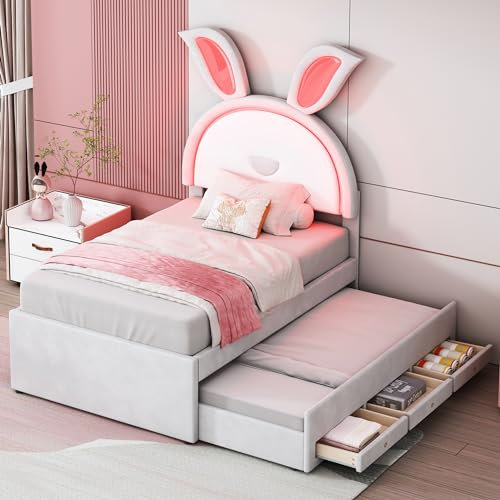 Merax Kinderbett 90 x 200 cm mit LED-Licht, Jugendbett mit ausziehbarem Bett und Stauraumschublade, Einzelbett mit Stauraum für Kinder & Jugend, Samtstoff, Beige (Ohne Matratze)