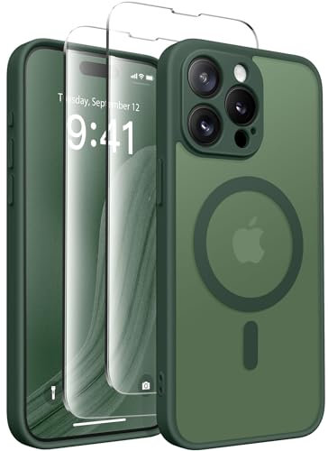 CAPRARO Magnetic for iPhone 15 Pro Max Case, [Compatible with MagSafe] [Full Camera Protection] [14FT Drop Protection] Shockproof Protective Slim Translucent Phone Case, DeepGreen