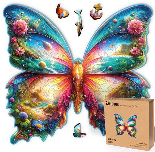 LEOGOR Butterfly Oasis – Holzpuzzle Erwachsene Schmetterling, 350 Teile – 40,9 × 38,3 cm – 5 mm Dickes Holz, handgeformte Teile, Tierförmiges Mosaikdesign – Magisches Holz Puzzle für Puzzle-Liebhaber
