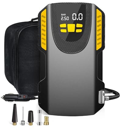 Rumicet Gonfleur Pneus Voiture Numérique écran LCD avec 3 Adaptateurs de Buses, 12V Compresseur à Air Portatif avec Fonction Mémoire, Compresseur Voiture Rapide pour Voiture, Vélo, Moto et Trotinette