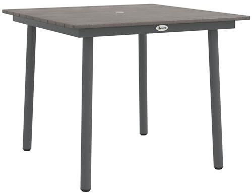 Outsunny Gartentisch, Esstisch für 4 Personen, mit Schirmloch, Terrassentisch Lattenrost für Rasen, Balkon, HDPE, Dunkelgrau,90 x 90 x 75 cm
