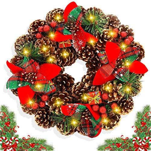 TEWWCEO Weihnachtskranz Mit Tannenzapfen, 30cm LED Christmas Wreath, Kreativ Türkranz für Weihnachten, Dekoration für Tür, Haustür, Kamin, Wand