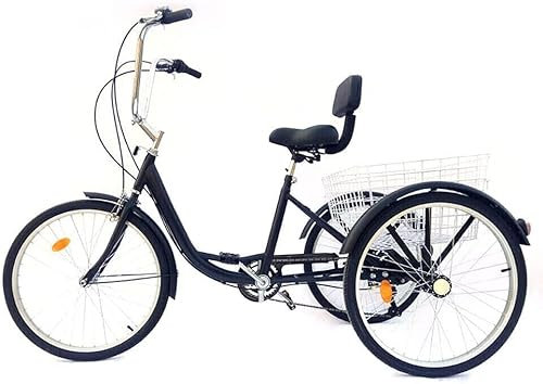 Dreirad für Erwachsene, 24 Zoll 6 Gang Einstellbar 3 Rad Fahrrad mit Korb, Cityfahrrad Tricycle mit Kotflügel Anti-Rutsch Griff, Gewichtskapazität von 95kg, Schwarz