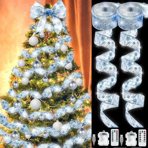 YeahBoom 2PCS Guirlandes Lumineuses à Ruban Brillant,2×6M Guirlandes Lumineuses 60 LEDs Lumière,Ruban Sapin Noël LED,Guirlande Decorative de Noël Nouvel,Arc en Dentelle DIY à Piles Décor de Noël