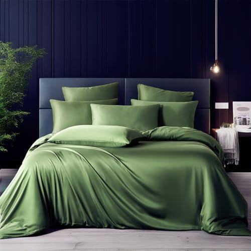 Boqingzhu Bambus Bettwäsche 200×200cm Grün Dunkelgrün Uni Einfarbig Einzelbett Luxus Lyocell Seide Bettwäsche Set Bettbezug mit Reißverschluss und 2 Kissenbezüge 80x80cm