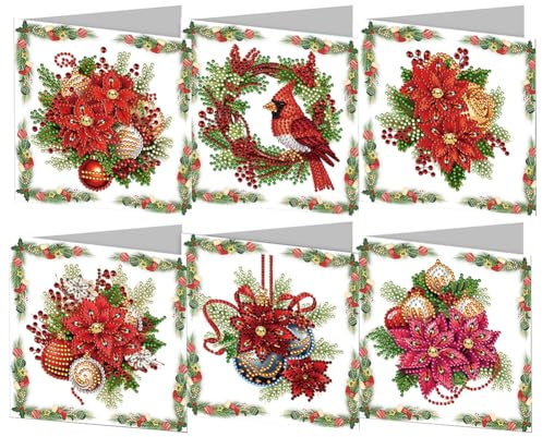 RuiDay Diamond Art Weihnachtskarten, 6 Stück, handgefertigte Weihnachts-Diamant-Kunstkarten, Weihnachts-Diamant-Kunst, DIY-Geschenk, Weihnachtsgrußkarten-Sets für Familie und Freunde (Blume)