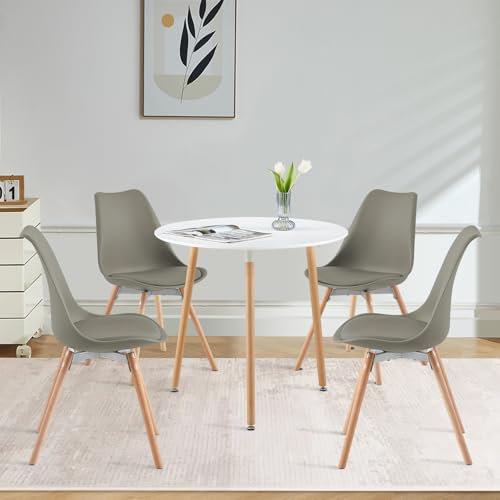 FURNITABLE Esszimmergruppe Esstisch mit 4 Stühlen, Essgruppe Runder Küchentisch-Set und 4er Set Esszimmerstühle für Küche Esszimmer Wohnzimmer (Weiß Tisch+4 Grau Stühl)