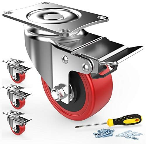 COOWOO 4er Set Schwerlast Lenkrollen 50mm Lenkrollen mit Bremse 400kg Trolley Transportrollen mit Sicherheitsverriegelung, Rollen für Möbel Silent Wheels Gummi Industrierollen