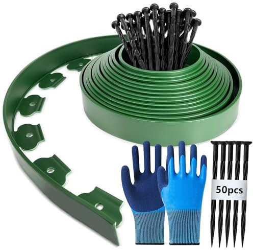Bordure Jardin Exterieur Flexible, 10m Bordure de Jardin Flexible Con 50 Piquets et 1paire Gants, Bordure Jardin Plastique, Bordurette de Jardin Flexible, 5cm Haut Bordure Jardin pour Jardins - Vert