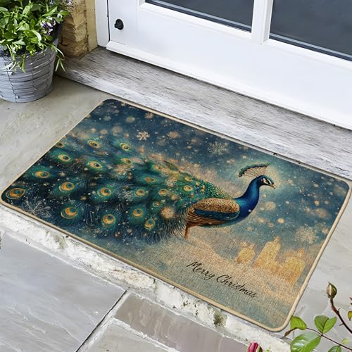Christmas Peacock Doormat, Teal Elegant Door Mat for Outdoor & Indoor Entrance Festive Holiday Decor, Non-Slip Rubber Washable for Xmas Front Door Mat 29x17 Inch
