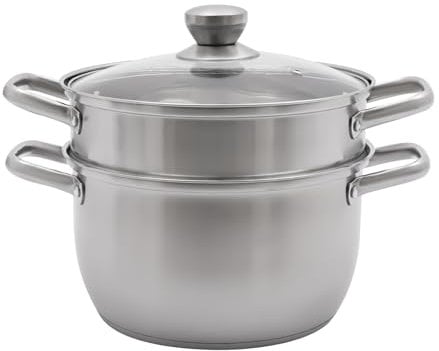 Dampfgarer aus Edelstahl, 2 Etagen Dampf Kochtopf mit Glasdeckel, 16/20 cm Kartoffeldämpfer,Mantykocher, Steamer Pot,Induktion geeignet (Silber, 20cm/5L)