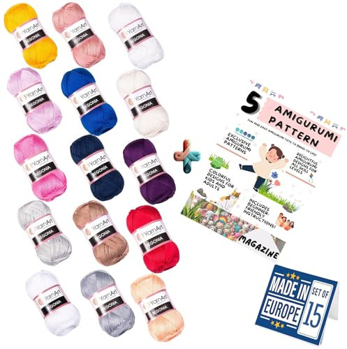 15 matasse di filato Art Begonia, 100% cotone mercerizzato, per uncinetto e lavoro a maglia, Amigurumi, Soft, Fine-Sport 2, 50 g, 184 yrds (169 m) Top 15 colori più usati versione 7