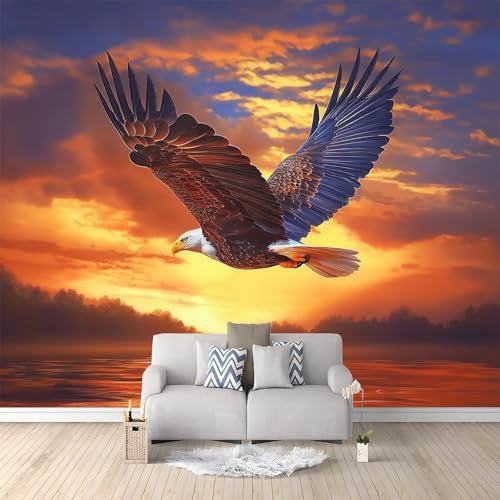 Tierfotografie Sonnenuntergang Weißkopfseeadler Fototapete Vlies Tapete 300 x 210 cm Wandbild Vlies Wandtapete, Orange Farbe Moderne Wohnzimmer Mural Schlafzimmer Kinderzimmer TV Hintergrund Wand
