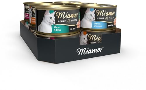 MIAMOR - Feine Filets in Jelly Mixpaket 1| Nassfutter für ausgewachsene Katzen mit Filetstückchen in Jelly. Fettarmes Ergänzungsfutter in der Dose ohne künstliche Zusätze | 12x100g