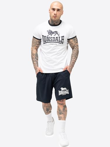 Lonsdale Conjunto de Camiseta y Pantalones Cortos para Hombre de Ajuste Normal MAIST, Blanco/Azul Marino, XL