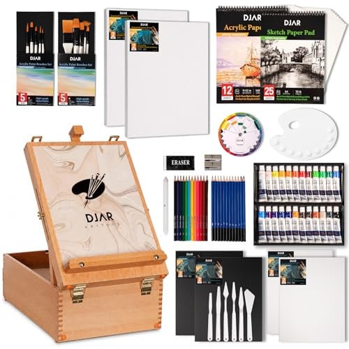 DJAR 87-teiliges Acryl Malset mit Tischstaffelei-Koffer, Profi Künstlerbedarf mit 24 Farben, Skizzier- & Aquarellstiften, Geschenk für Künstler