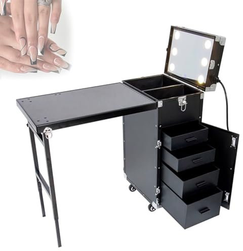 PP-Vic Rolling Mobile Manicure Desk, Multifunctional Makeup Table, Foldable Manicure Table, Portable Nail Table for Nail Teach, Nail Equipment,Black