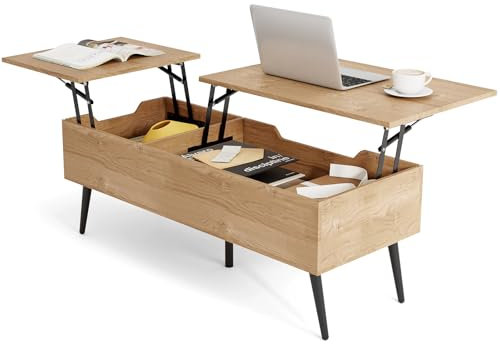 CASART Lift Top Coffee Table, Wooden Lift Up Tea Table with Hidden Storage, 110cm Modern Rectangular Center Tables for Living Room Office (Natural)