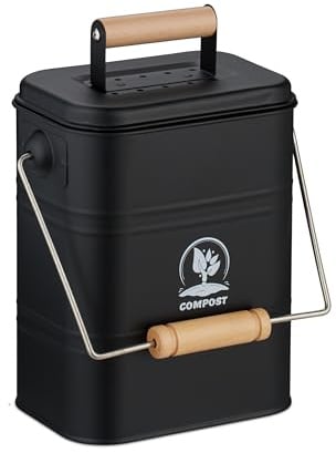 Relaxdays Seau à Compost, 3,5 litres, 2 filtres à Charbon Actif, Couvercle, Anse, pour la Cuisine, Noir