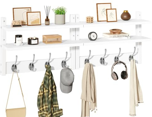 YMYNY 2-etagige Wandgarderobe mit Ablage, Weiß HWS009W-2 | Garderobenleiste Holz mit Ablage, 8 Doppelhaken. Ideal für Wandmontage. Garderobenhaken & Garderobe Wand für Flur & Diele