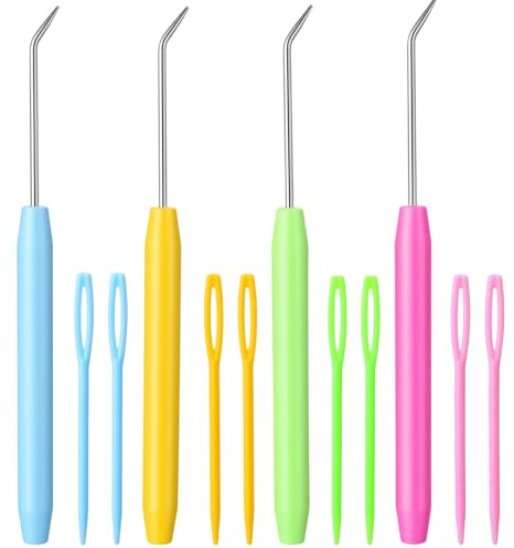 4 Pieces Knitting Loom Hook, Crochet Needle Hook Kit with Rubber Handle 4 Pcs Knitting Loom Hooks with 8 Pcs Colorful Plastic Sewing Needles for Knittings Looms & Boards