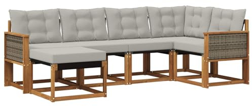 vidaXL Outdoor-Sofagarnitur mit Kissen 6 pcs Natürlich und Hellgrau, Moderne Outdoor-Sofa-Sitzgruppe, stylische Gartenmöbel, robuste Terrassenmöbel, Bequeme Lounge für den Garten