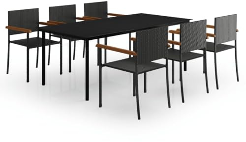 Qnhdfrt 7-TLG. Garten-Essgruppe Schwarz - Terrassenmöbel Set mit 6 Stühlen und Glastisch - 200x100 cm Esstisch aus PE-Rattan, Akazienholz & Stahl für den Außenbereich