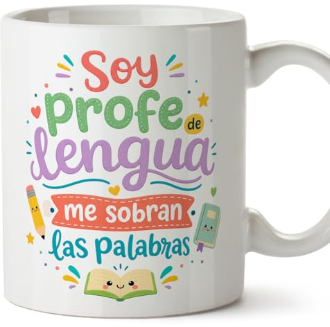 MUGFFINS regalo profesora lengua | Taza profe con frase Soy profe de lengua me sobran las palabras en Español 330 Ml/11 oz | Cerámica resistente microondas y lavavajillas | Infantil v1