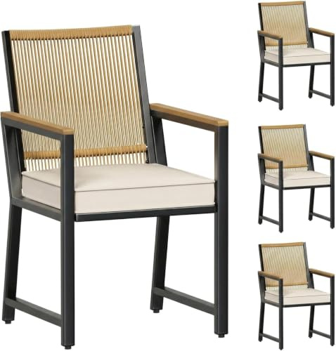 LIFERUN 4er Set Gartenstühle Rattan, Wetterfest, Balkonstuhl aus Metall | Essstühle mit WPC Armlehne, 4pcs Outdoor Stuhl mit abnehmbar Kissen, 160 kg belastbar, für Terrasse Garten Balkon Pool, Beige