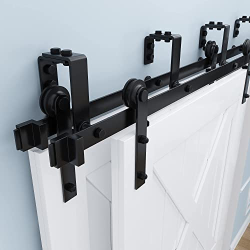 Homedeco Hardware 5–16 ft Bypass Barn Tür Hardware Double Door Kit Rustikal Schwarz Stahl Metall Schiene Roller Set, schwarz