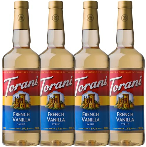 Torani French Vanilla Coffee Syrups (4 x 750ml) – Premium Cane Sugar French Vanilla Syrup for Coffee, Lattes, Hot Chocolate & Protein Shakes – Rich, Creamy & Delicious – Ideal for Drinks and Desserts