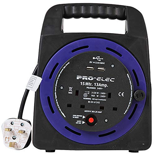 Pro Elec PEL00805 13A 2-Gang Handbag Reel mains Extension with 2x USB Charging Ports, 15 m