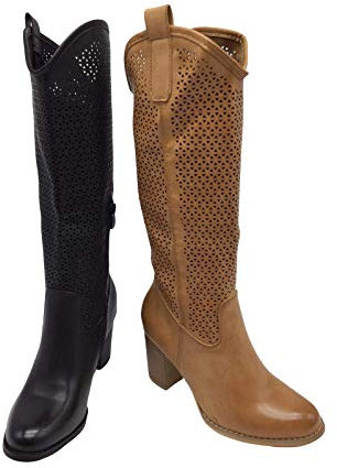 Stivali Primaverili Estivi da Donna Tacco Traforati Alti al Ginocchio Biker Moda G627 Nero Camel Estate Nuovi Tacco (Nero, Numeric_37)