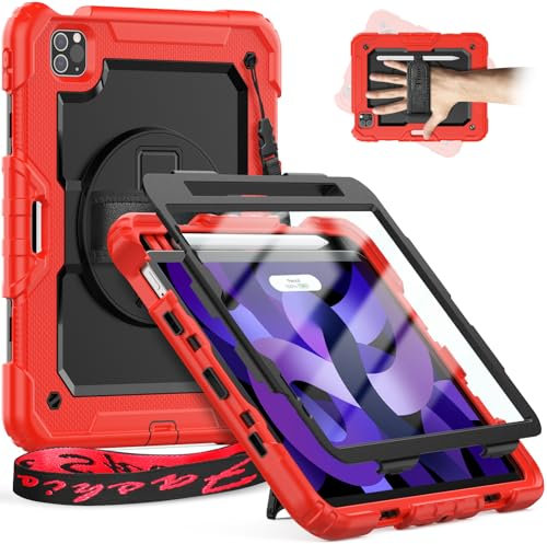 Timecity Hülle für iPad Air 5. / 4. Generation 2022/2020 10,9 Stoßfeste Displayschutz Schutzhülle mit Drehbarer Ständer -Stifthalter -Verstellbarer Handschlaufe - Schultergurt - Outdoor - Rot
