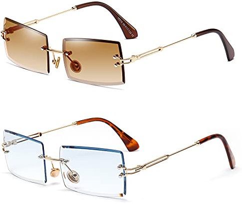 SHEEN KELLY 2PCS Square Ultra-Small Frame Sonnenbrille für Frauen Männer Rectangle Retro durchsichtige Linse randlose Sonnenbrille