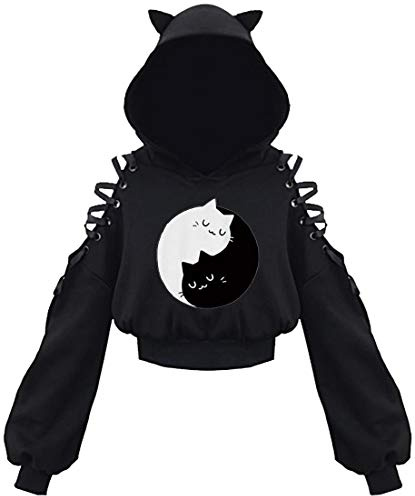 PANOZON Damen Hoodie Bauchfrei Pullover mit Katzenohren Hollow Out Gothic Sweatshirt