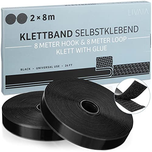 LIVAIA Klett Klebeband zum Ordnen: 2x 8m Klettband Selbstklebend für das Ankleben von Utensilien an Wand oder Tisch – Organizer Klebeband – Wand Ordnung Management – Hakenband Klett Selbstklebend