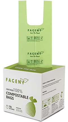 Fageny Handle Tie Food Waste Bags 100% Compostable Biodegradable Bin Liners, Eco Friendly Compostable Caddy Liners Certified by BPI and OK Compost Meeting EN13432 Standards, 10L 100 Counts/Roll