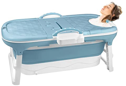VA-Cerulean Klappbadewanne Erwachsene 118x60x53 cm Blau Mobile Faltbare Bathtub Kunststoffbadewanne mit abnehmbar Abdeckung, Kopfstütze, Handhaben, Seifenkorb