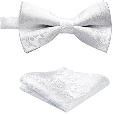 HISDERN Herren Weiß Fliege Floral Paisley Jacquard Verstellbare Fliege Einstecktuch Mit Hochzeit Party