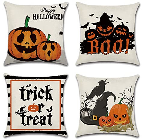 OCEUMACO Leinen Kissenbezug 50x50 Herbst Happy Halloween Kissenhülle 4er Set Quadratisch Dekokissen Sofakissen Bezug für Couch Orange Kürbis Kissen Kissenbezüge Deko Zierkissen Couchkissen